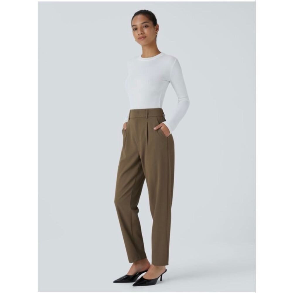 NEW Halara Flex High Waisted Work Pants XL TALL Tapered Pleated Brown Pockets
